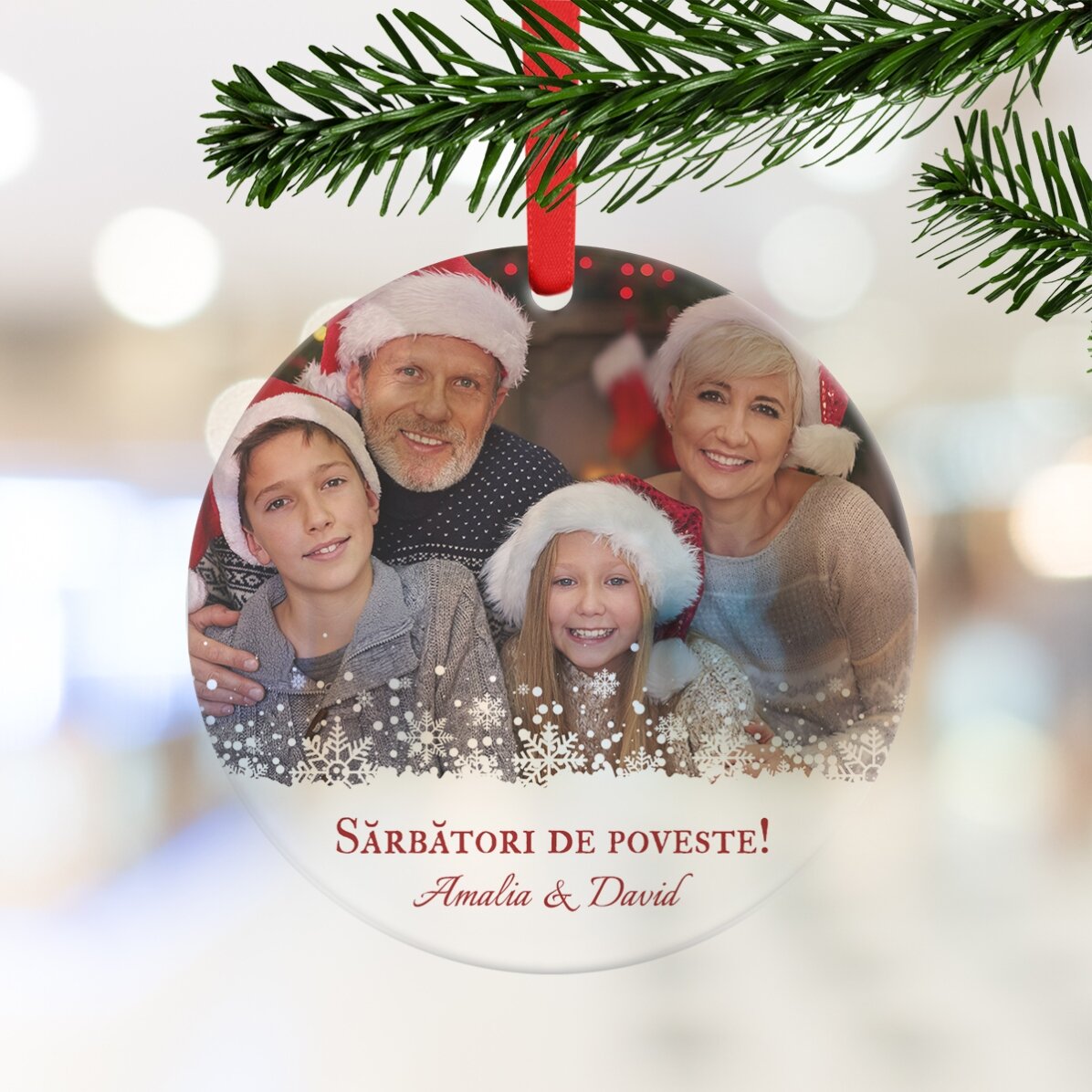 Ornament rotund personalizat cu o poză și mesaj de Crăciun