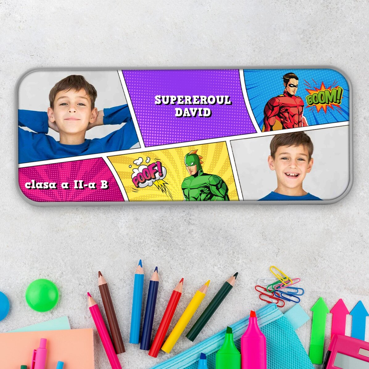 Penar personalizat cu 2 poze și text - Supereroi