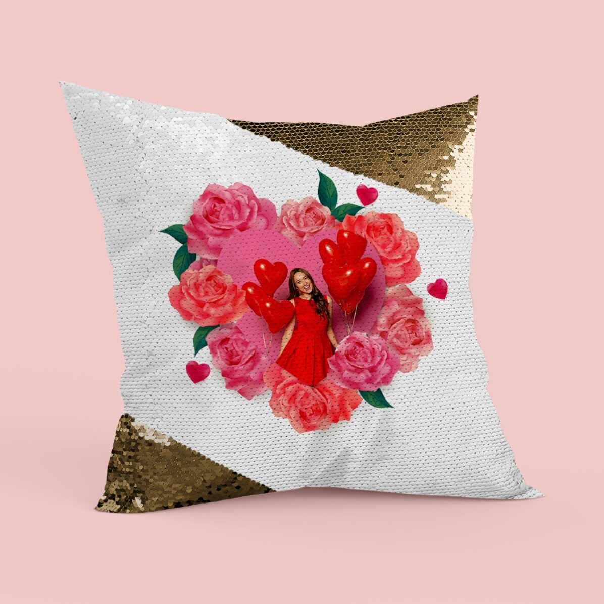 Pernă cu paiete personalizată cu o poză și trandafiri