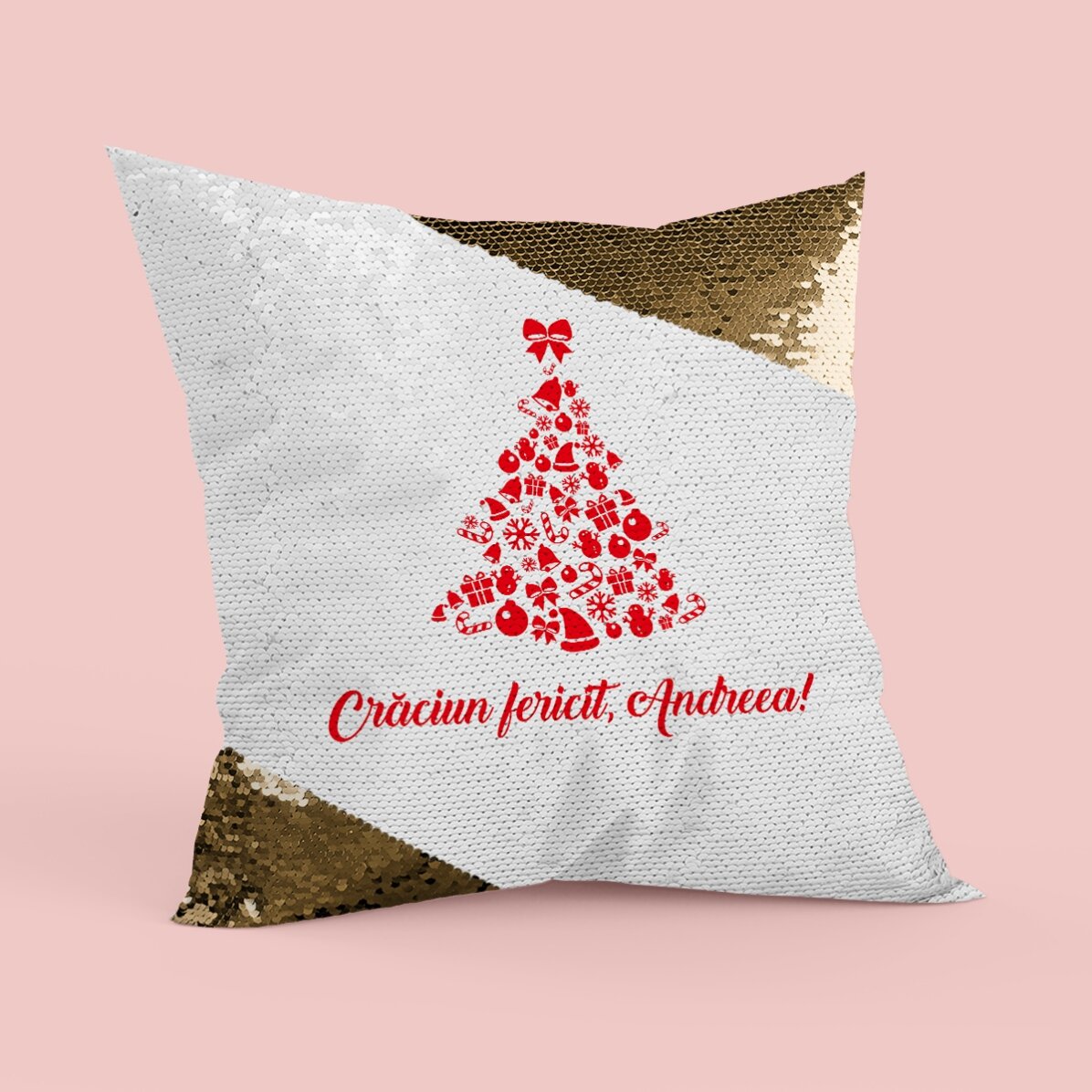 Pernă personalizată - Crăciun fericit! Paiete aurii