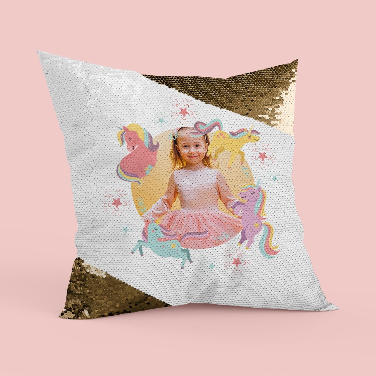 Pernă personalizată cu 1 poză - Pony - Paiete aurii