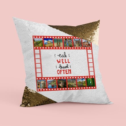 Pernă personalizată cu 12 poze - Eat well, travel often - Paiete aurii
