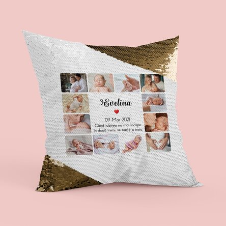 Pernă personalizată cu 12 poze și text - Baby Paiete aurii
