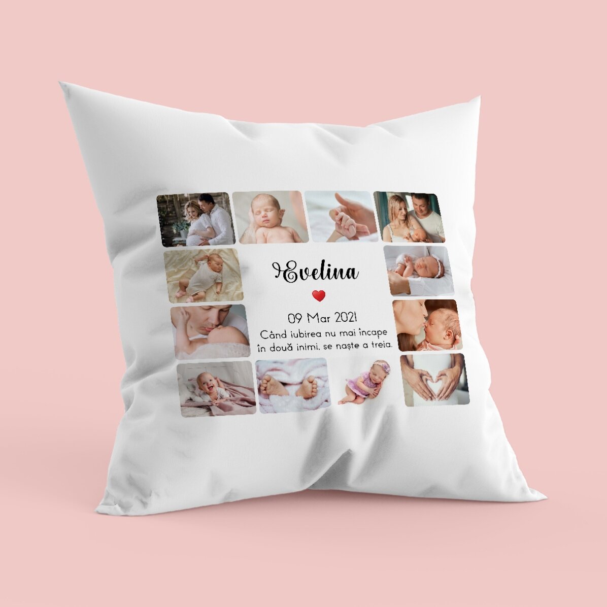 Pernă personalizată cu 12 poze și text - Baby
