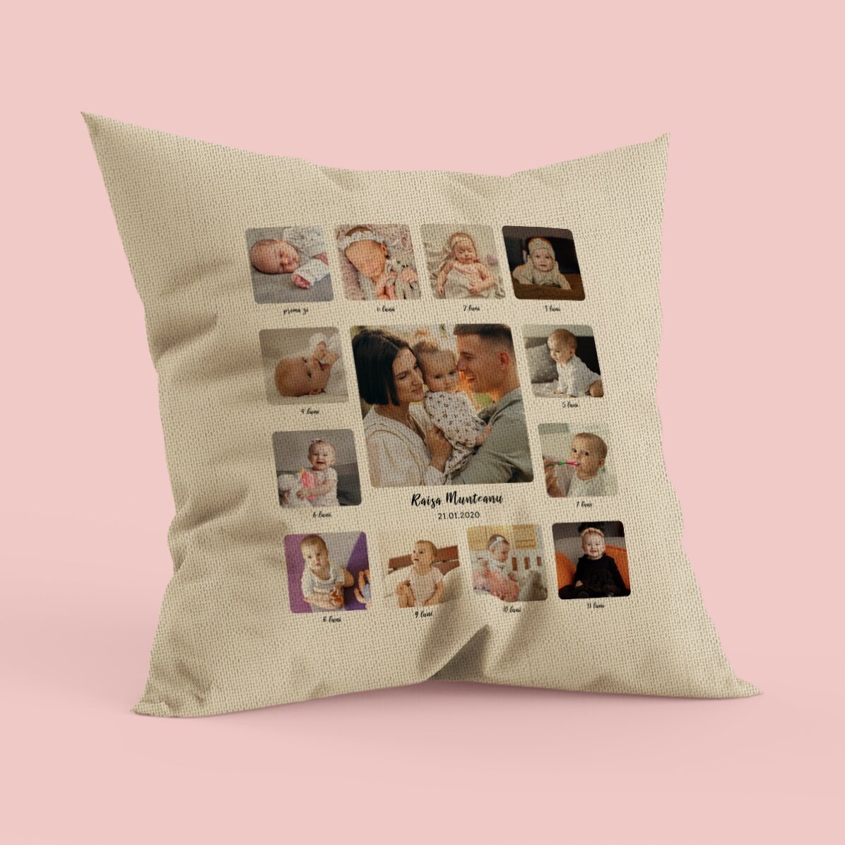 Pernă personalizată cu 13 poze și text - Primul meu an - In