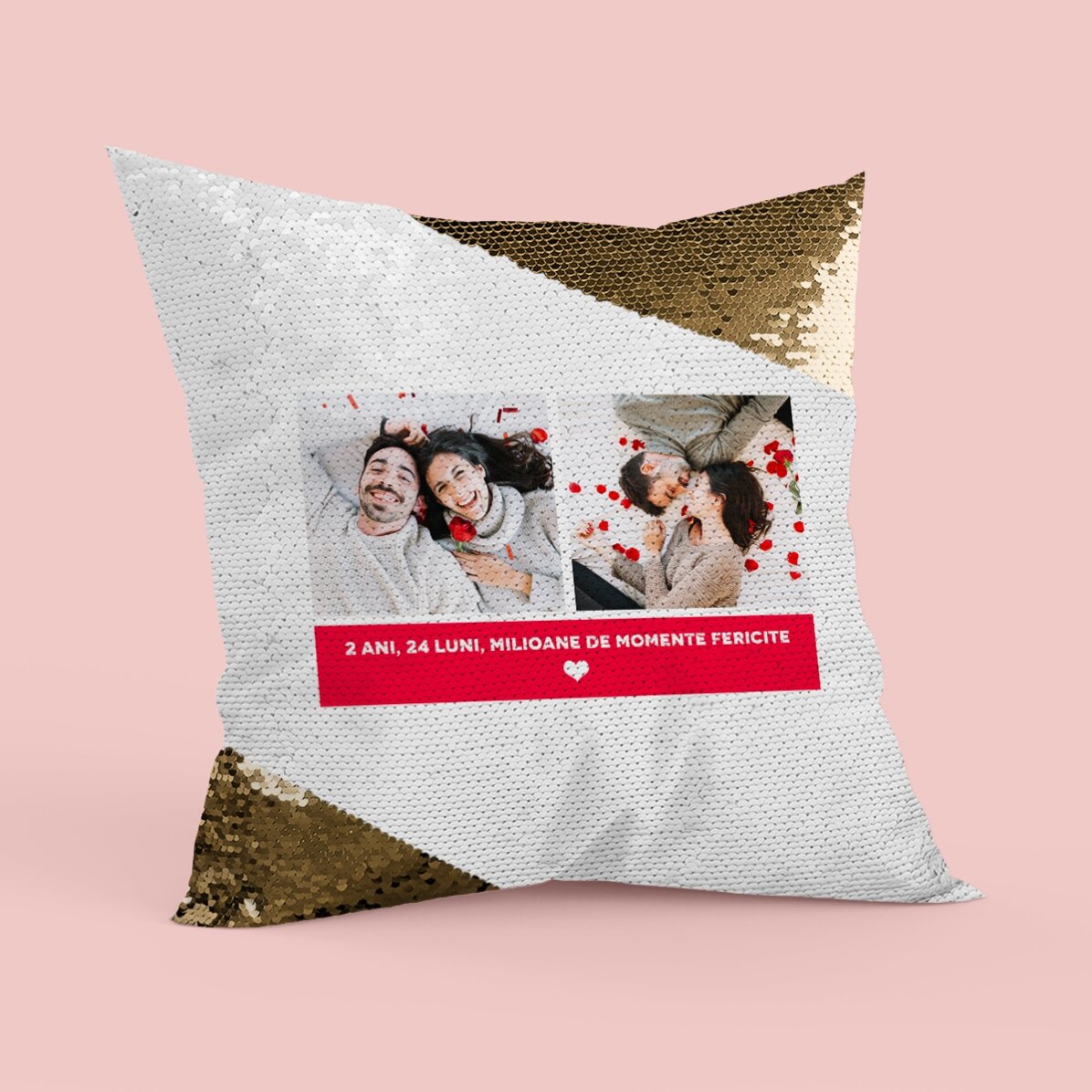 Pernă personalizată cu 2 poze și text - Paiete aurii