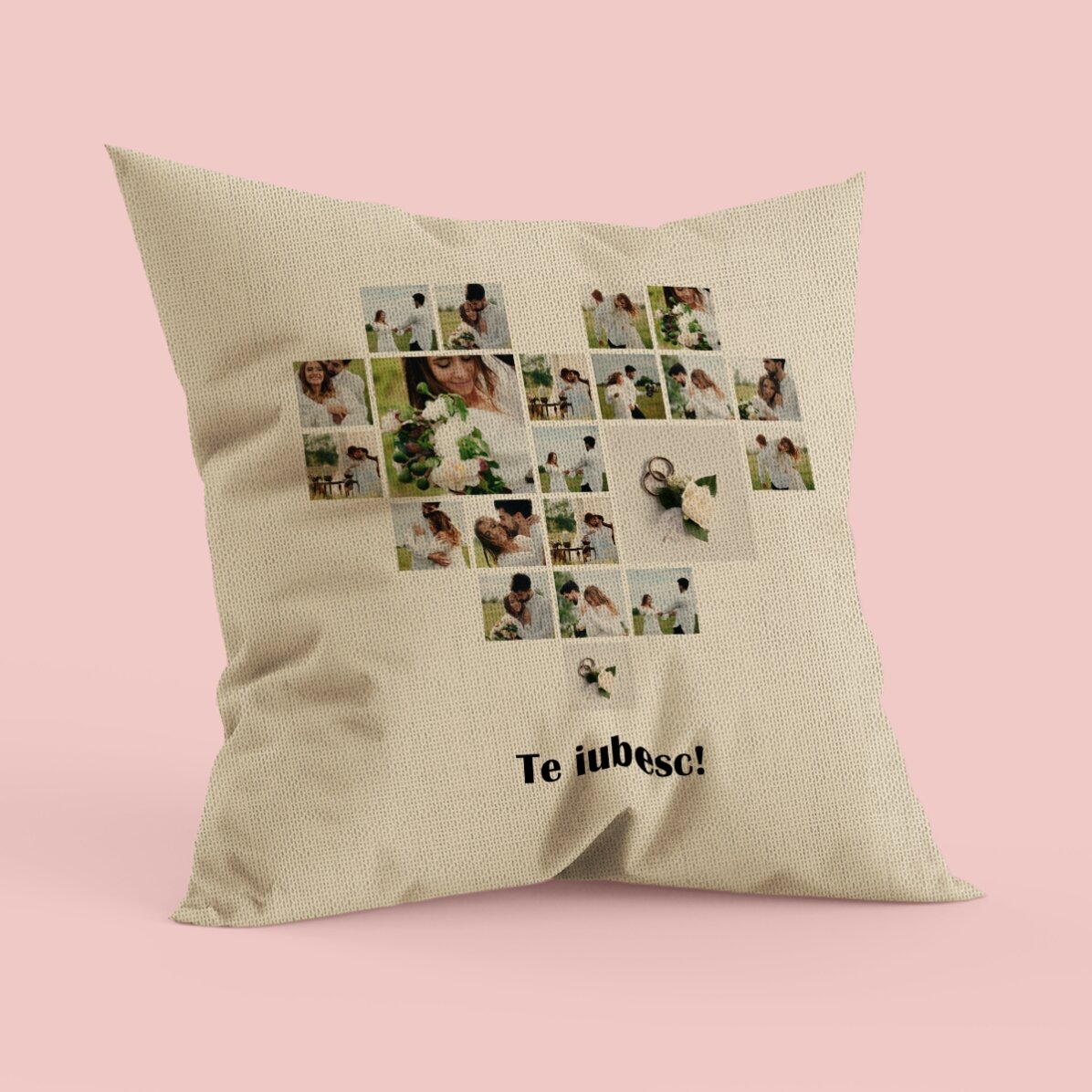 Pernă personalizată cu 21 de poze în formă de inimă și text - In