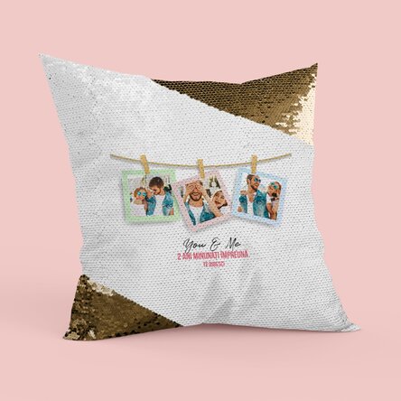 Pernă personalizată cu 3 poze frame și text - Paiete aurii