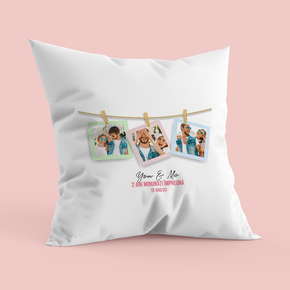 Pernă personalizată cu 3 poze frame și text 