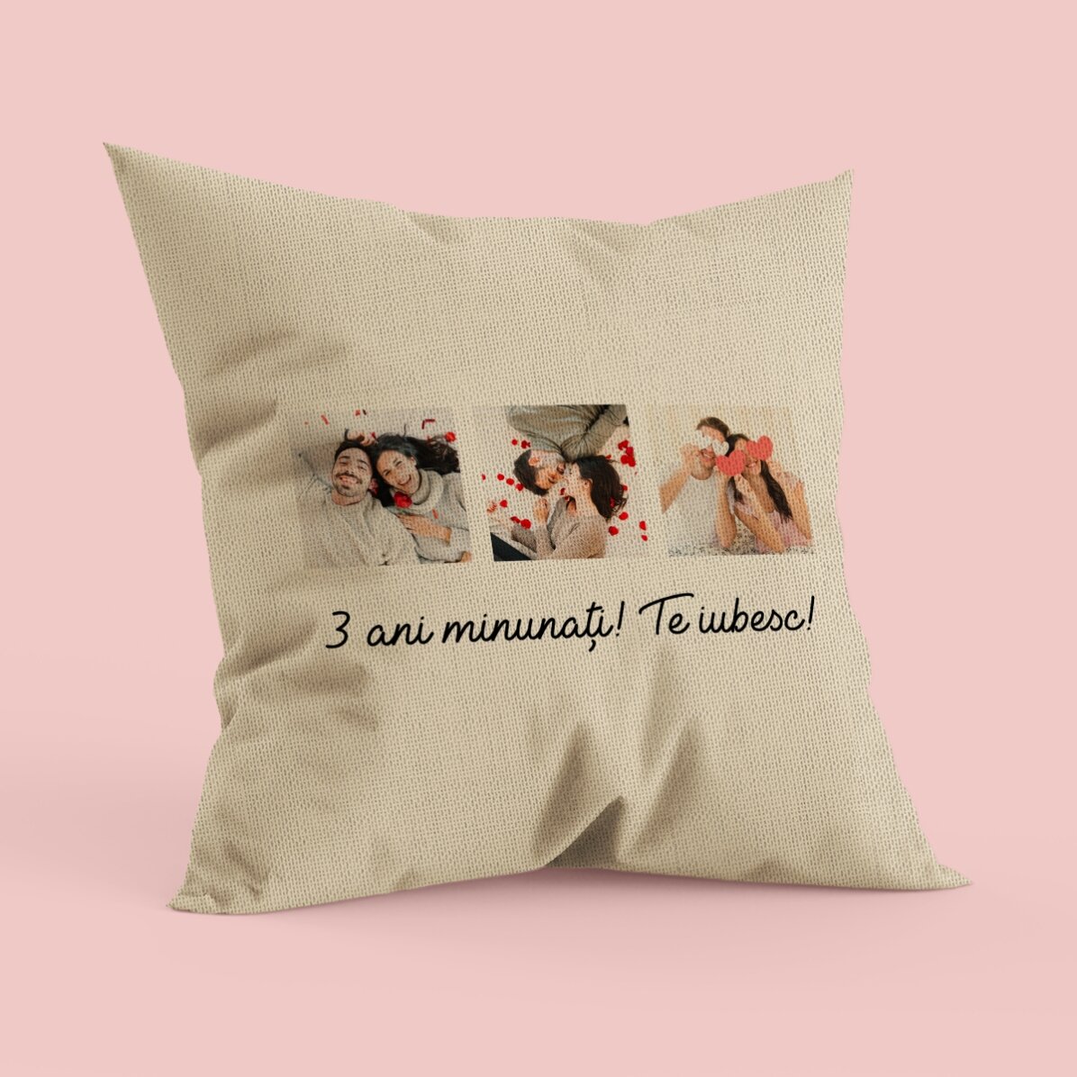 Pernă personalizată cu 3 poze și text - In