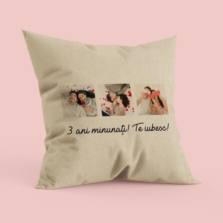 Pernă personalizată cu 3 poze și text - In