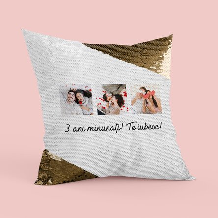 Pernă personalizată cu 3 poze și text - Paiete aurii