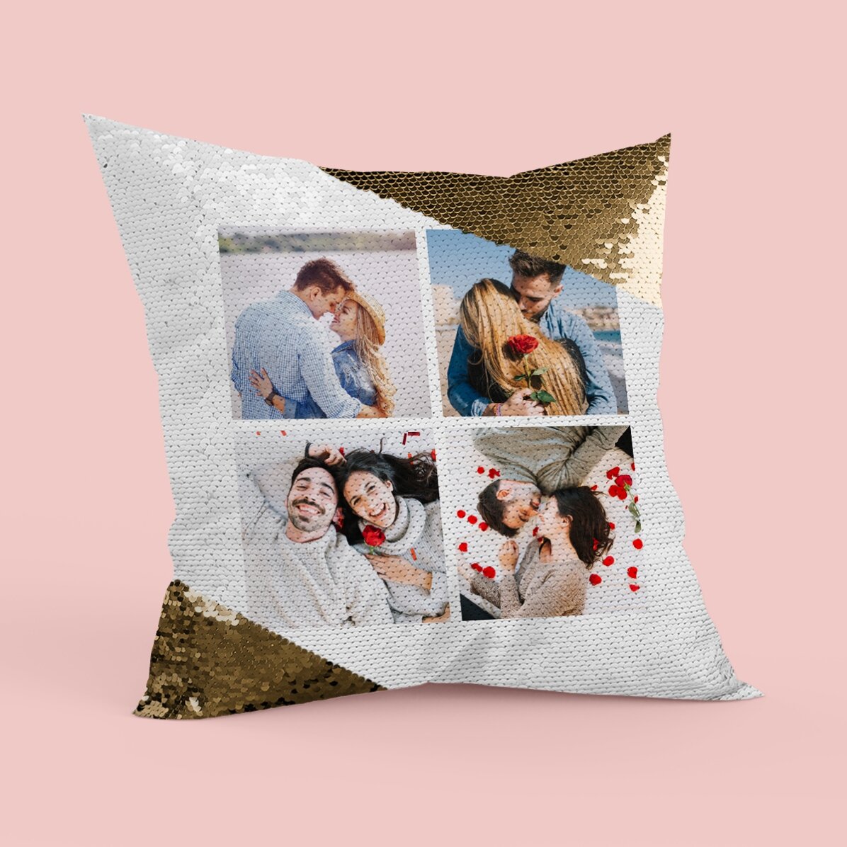 Pernă personalizată cu 4 poze - Paiete aurii