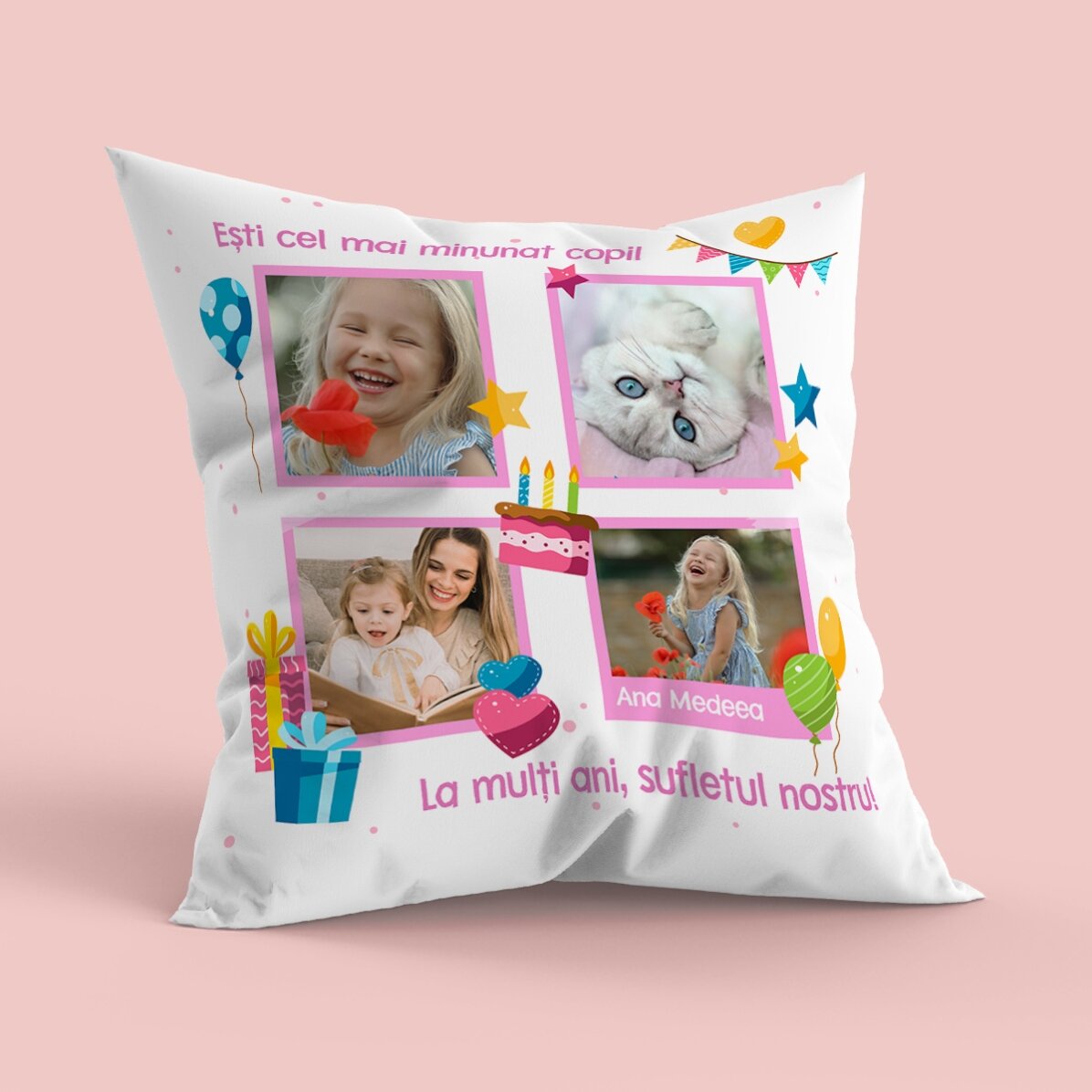 Pernă personalizată cu 4 poze și mesaj - La mulți ani, copii
