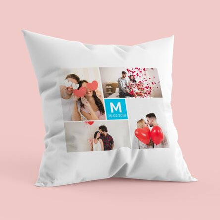 Pernă personalizată cu 4 poze și o inițială