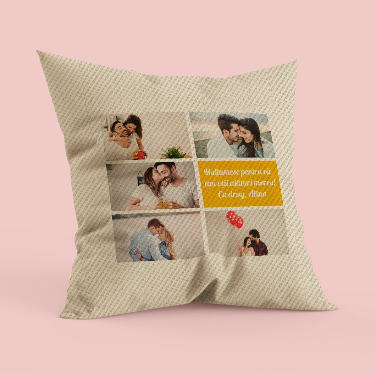 Pernă personalizată cu 5 poze și text - In