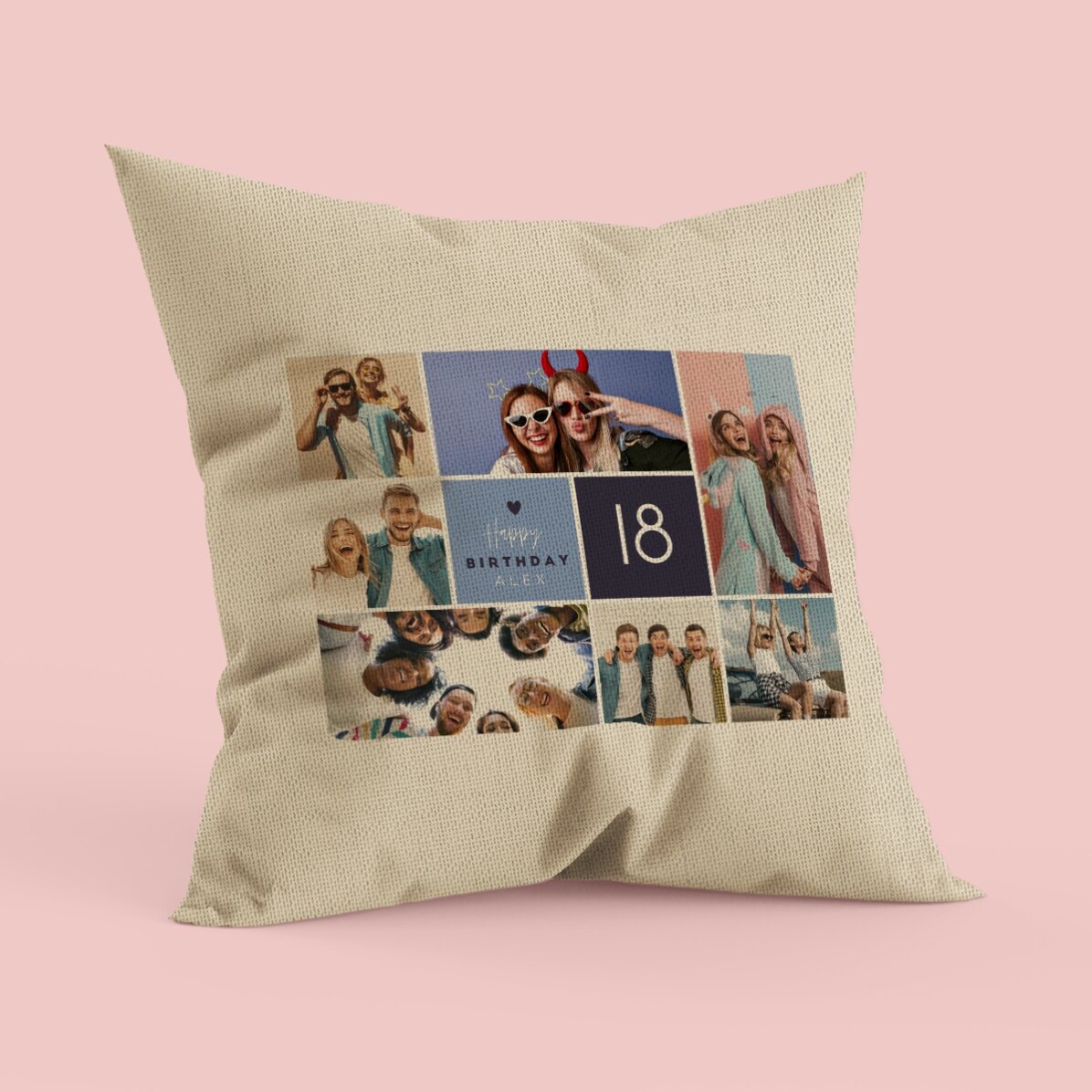 Pernă personalizată cu 8 poze portret și text - Happy birthday - In