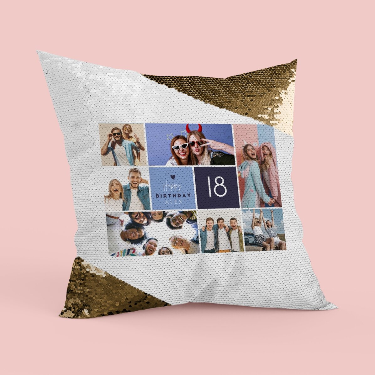 Pernă personalizată cu 8 poze portret și text - Happy birthday - Paiete aurii