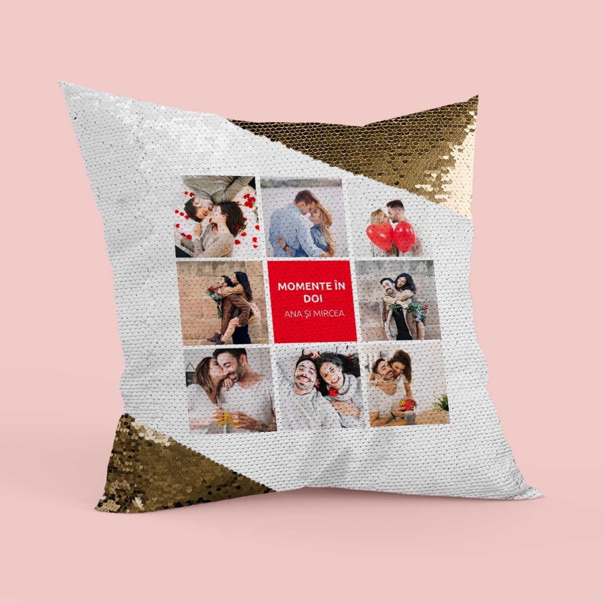 Pernă personalizată cu 8 poze și text - Paiete Aurii