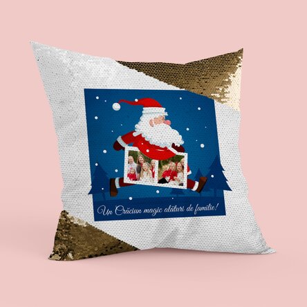 Pernă personalizată cu două poze și text- Santa Claus - Paiete aurii