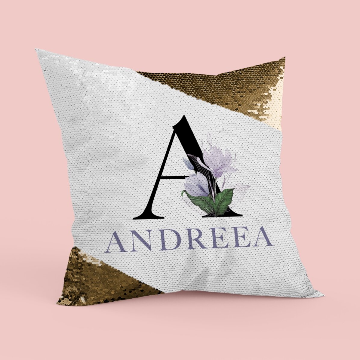 Pernă personalizată cu inițială și nume - Paiete aurii