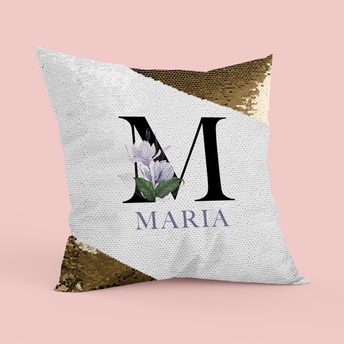 Pernă personalizată cu inițială și nume - Paiete aurii