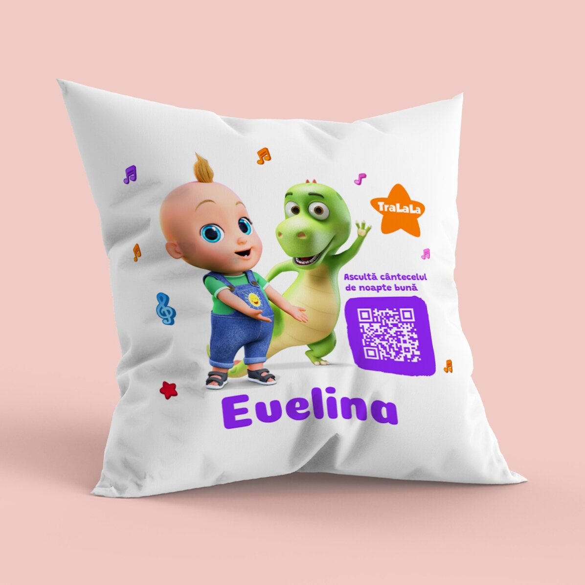Pernă personalizată cu nume și cod QR - Ascultă cântecelul TraLaLa