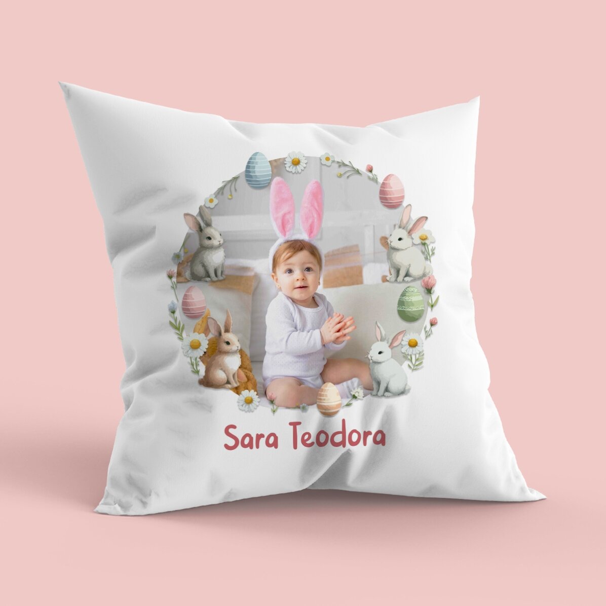 Pernă personalizată cu nume și poză - Paște fericit!