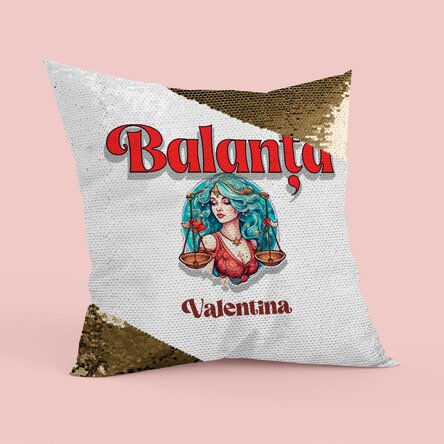 Pernă personalizată cu nume și zodie - Balanță paiete aurii