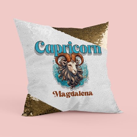 Pernă personalizată cu nume și zodie - Capricorn paiete aurii