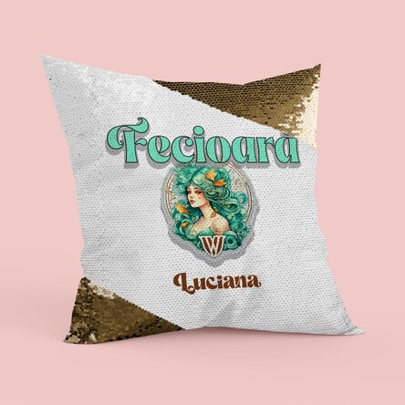 Pernă personalizată cu nume și zodie - Fecioară paiete aurii