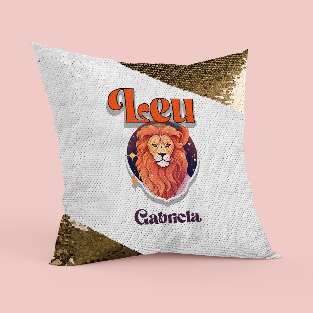 Pernă personalizată cu nume și zodie - Leu paiete aurii