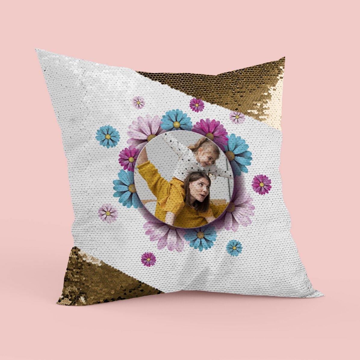 Pernă personalizată cu o poză - Flowers - Paiete aurii