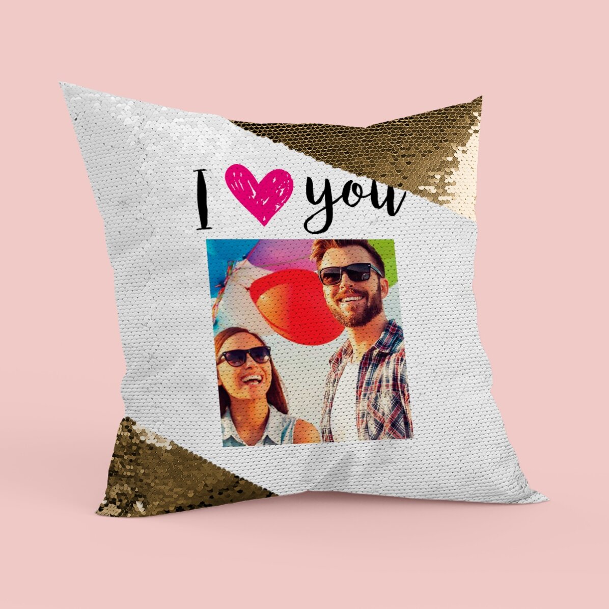 Pernă personalizată cu o poză - I love you - Paiete aurii