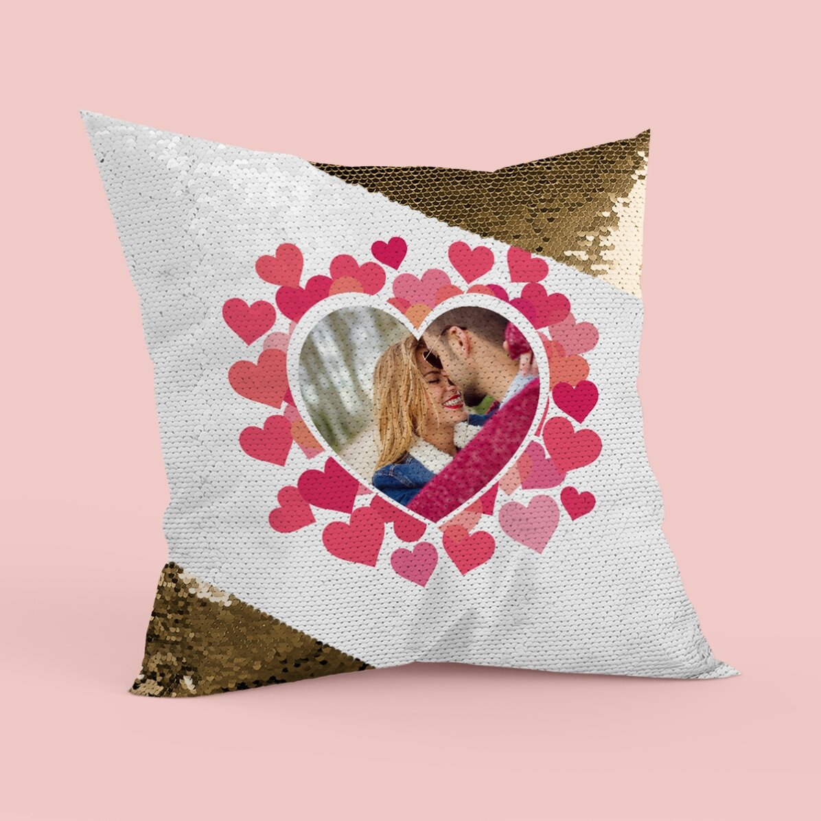 Pernă personalizată cu o poză în formă de inimă roz - Paiete aurii