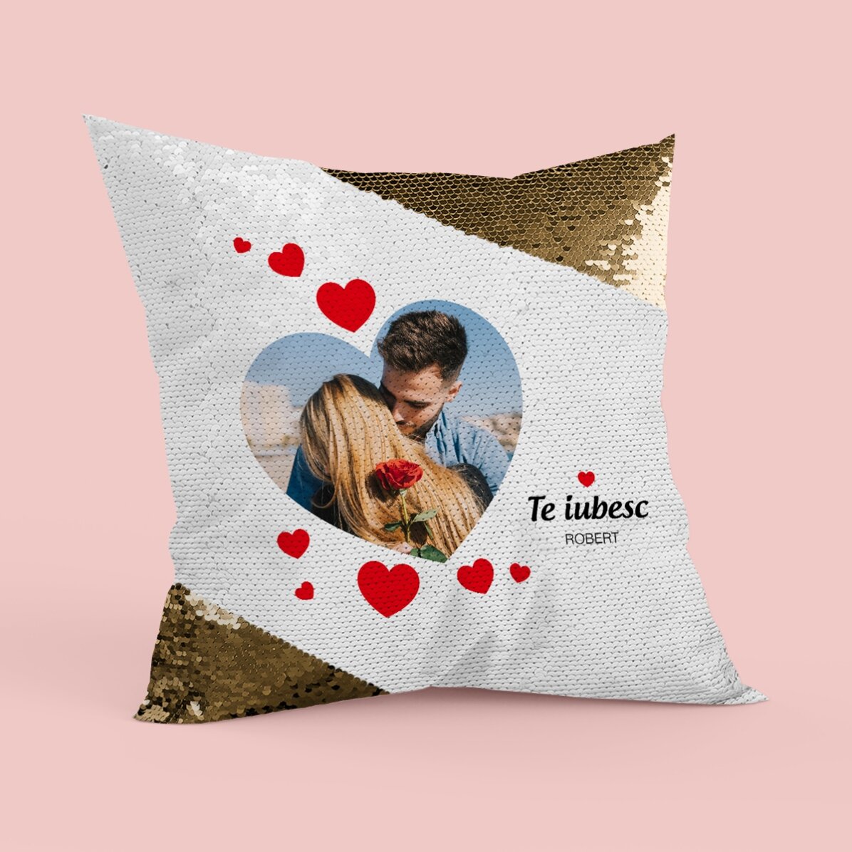 Pernă personalizată cu o poză - P.S. I love you - Paiete aurii