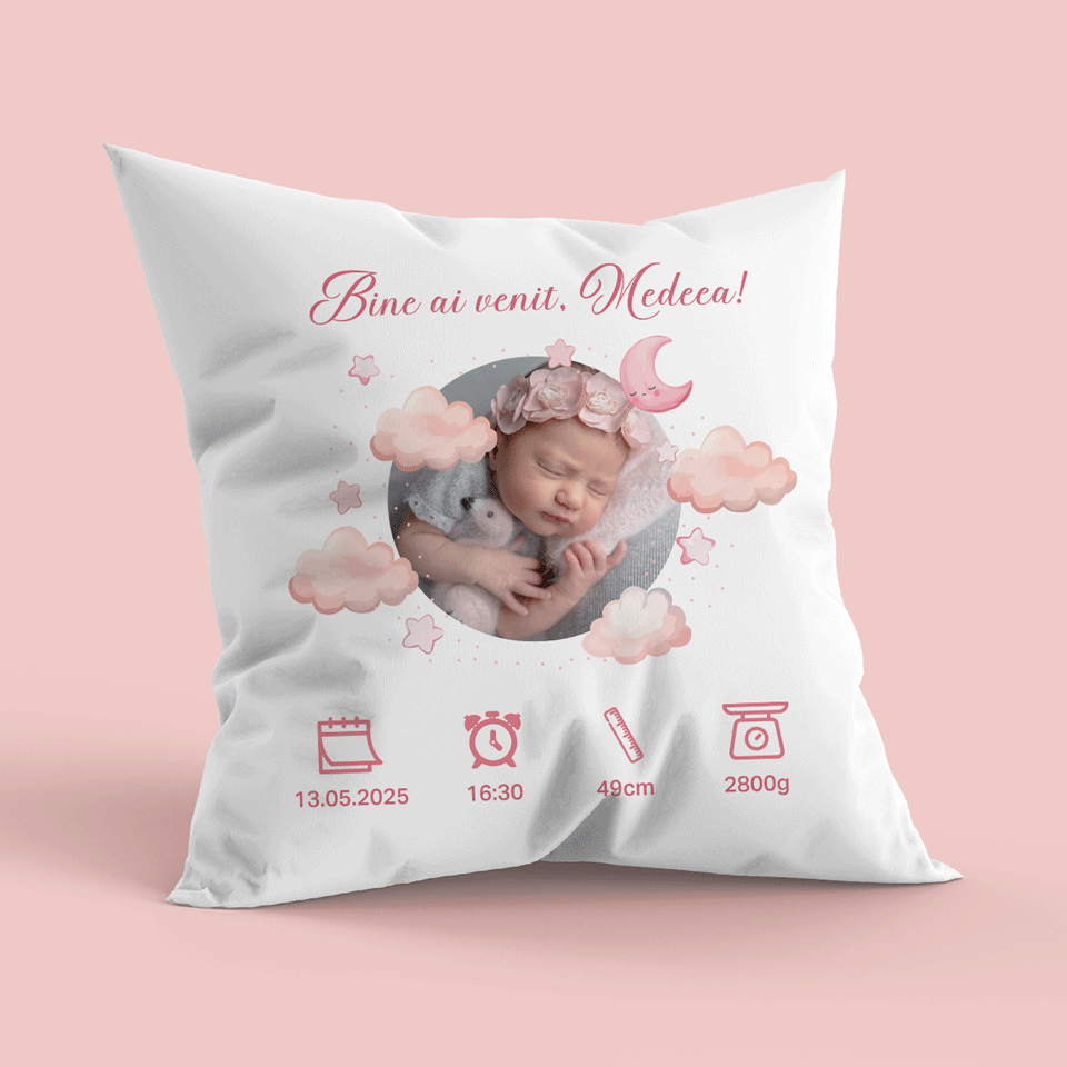 Pernă personalizată cu o poză și mesaj - Bine ai venit