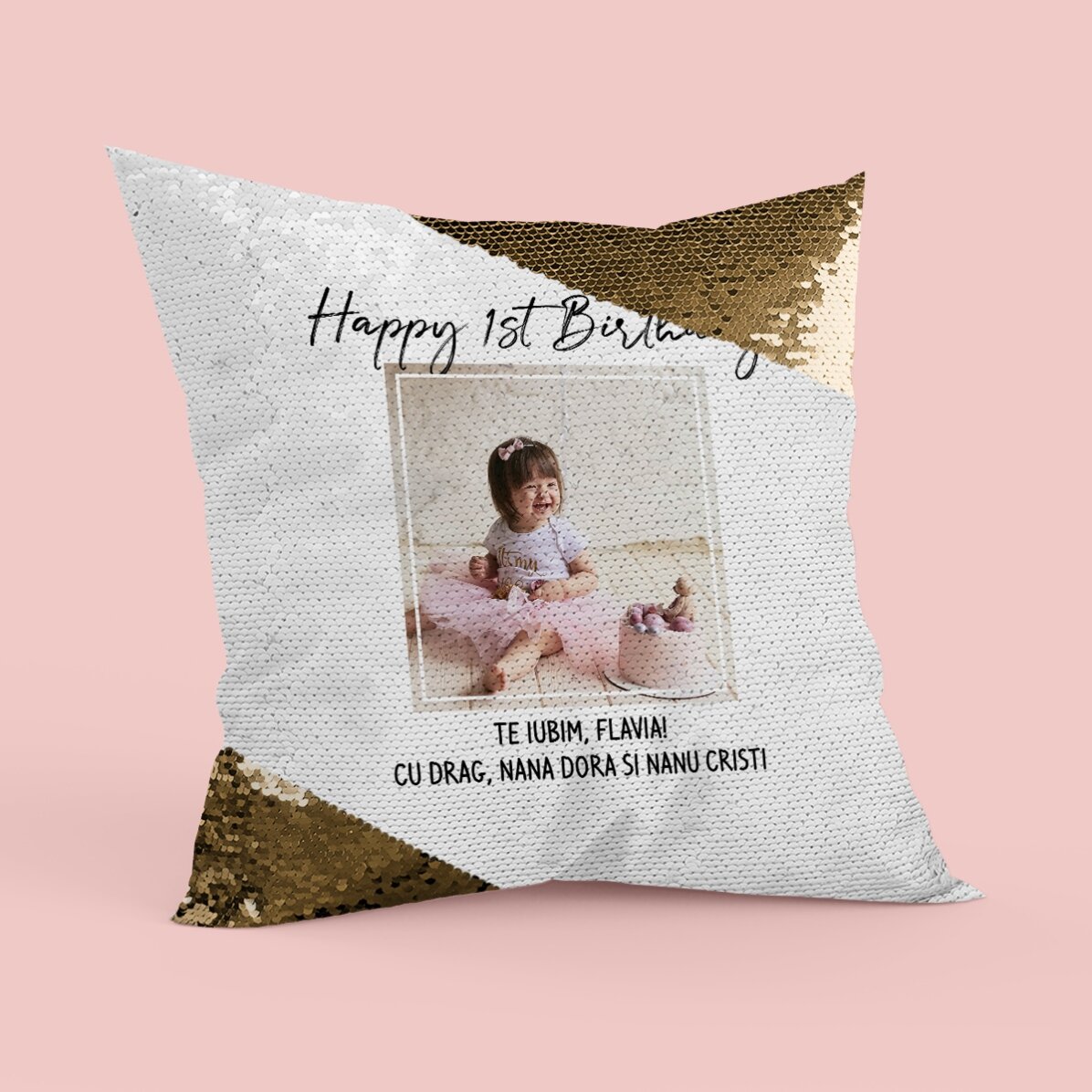 Pernă personalizată cu o poză și text - Happy Birthday - Paiete aurii