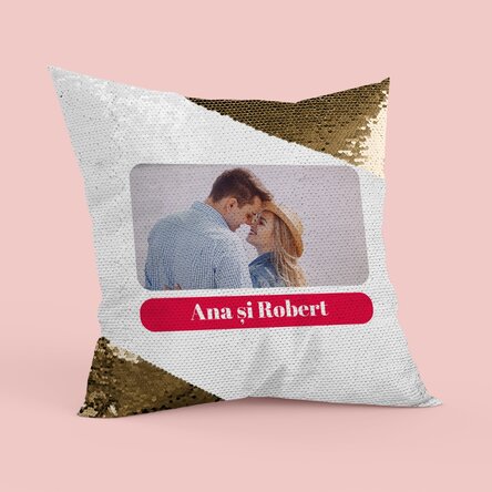 Pernă personalizată cu o poză și text - Paiete aurii