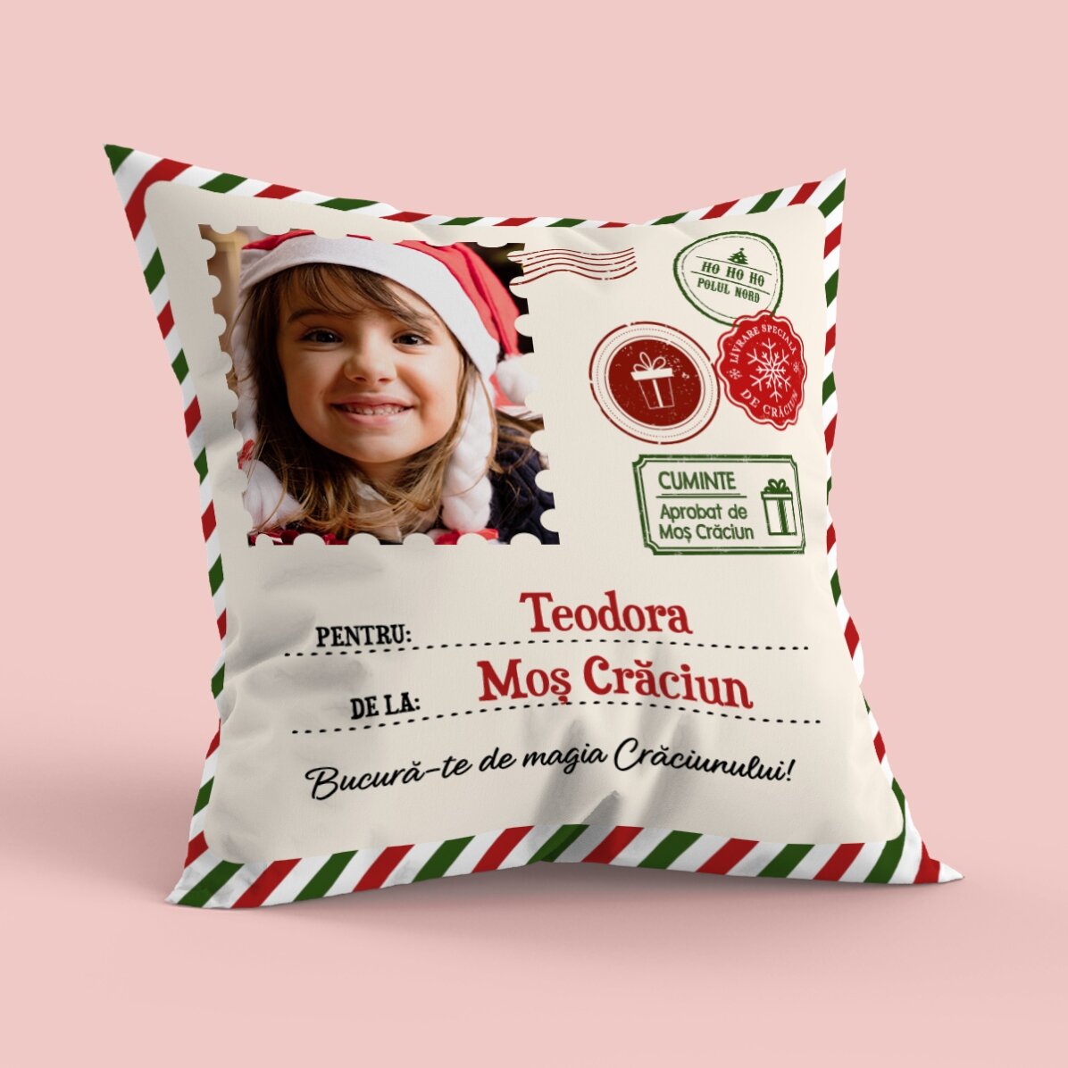 Pernă personalizată cu poză, format mare - De la Moș Crăciun