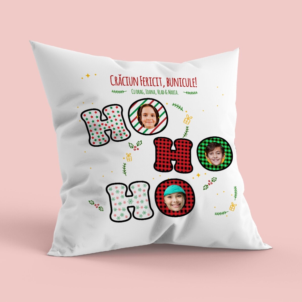 Pernă personalizată cu poză, format mare - HO HO HO