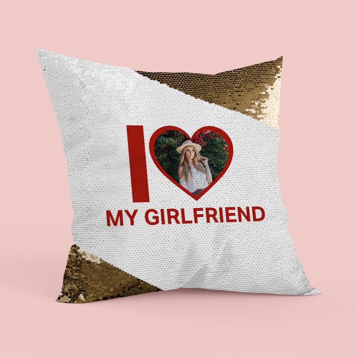 Pernă personalizată cu poză și text - I love my girlfriend - Paiete auri