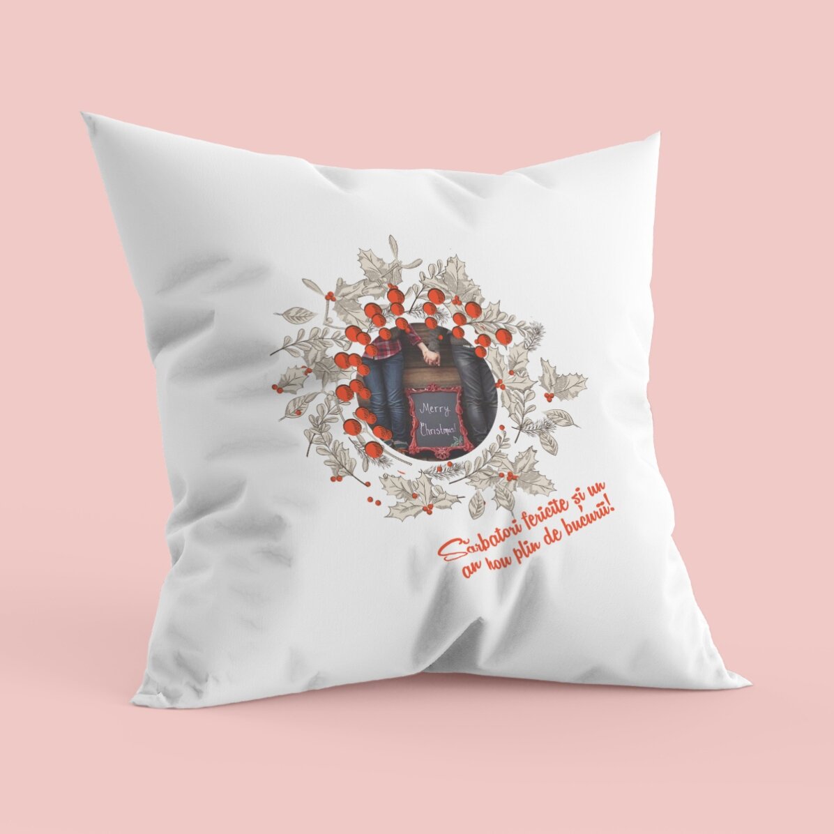 Pernă personalizată cu poză și text - model de Crăciun - Mat