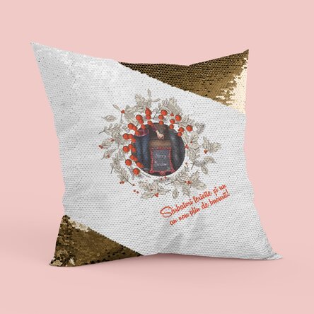 Pernă personalizată cu poză și text - model de Crăciun - Paiete aurii