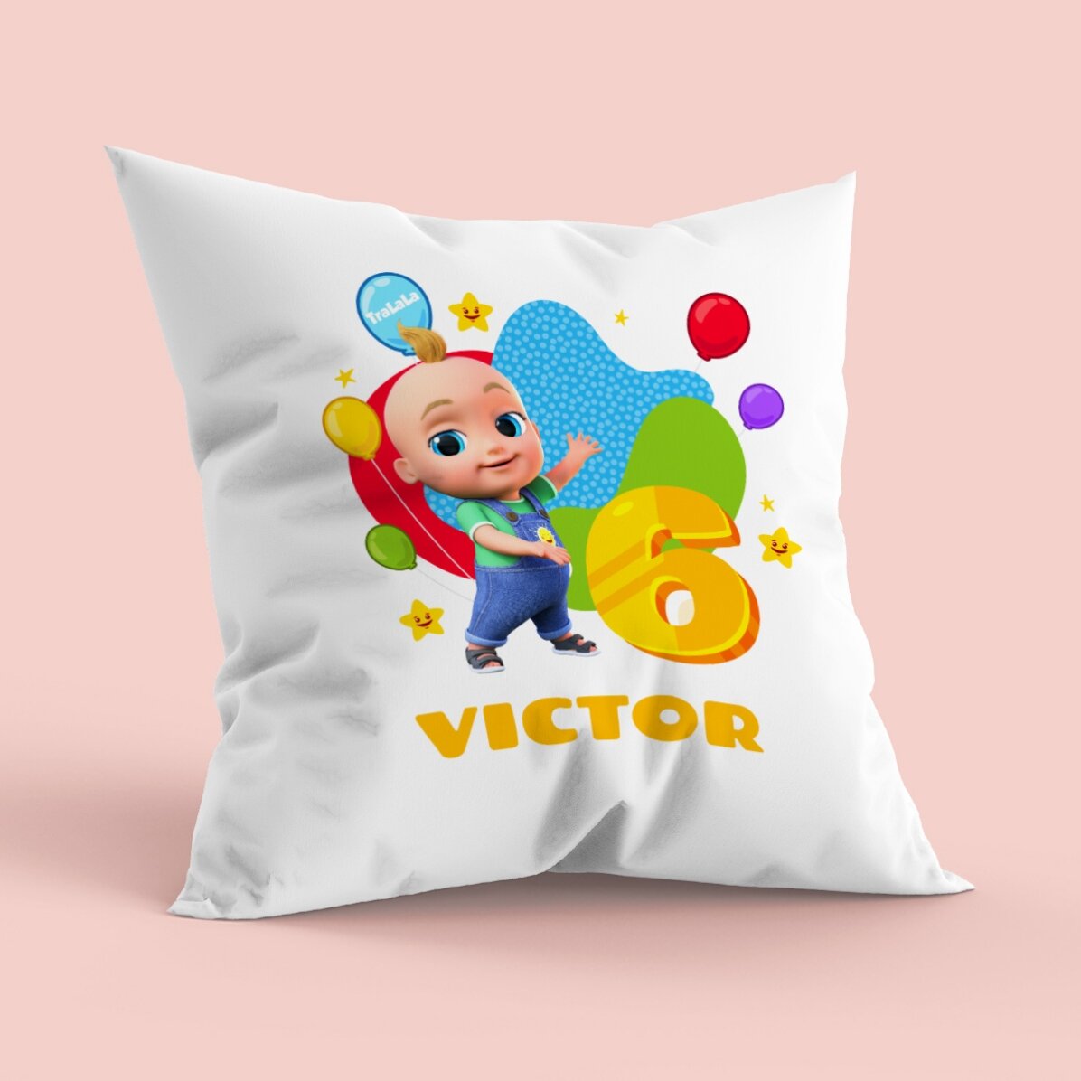 Pernă personalizată cu text - Aniversare cu TraLaLa, Johny