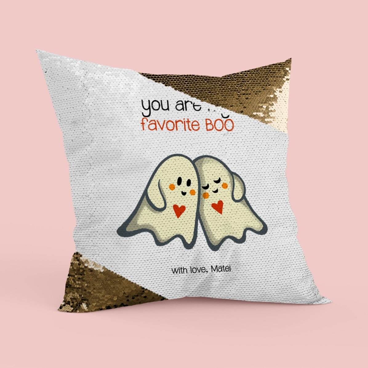 Pernă personalizată cu text - Boo, paiete aurii