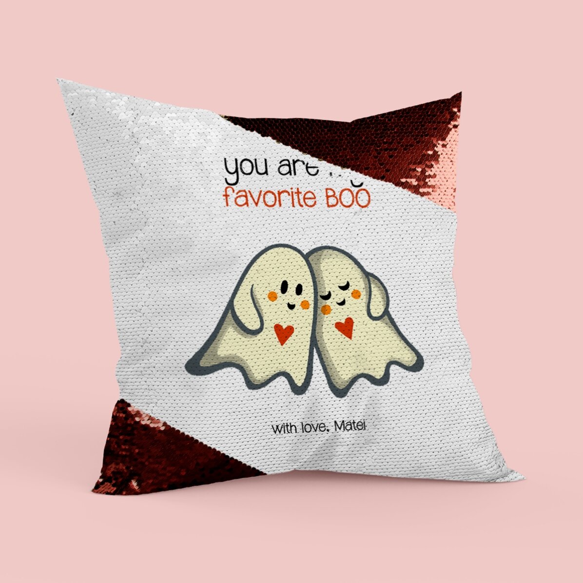 Pernă personalizată cu text - Boo, paiete roșii