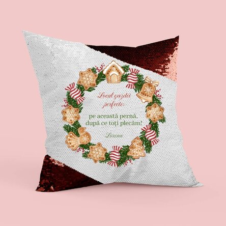 Pernă personalizată cu text - Gazda perfectă, paiete roșii