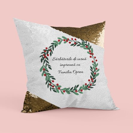 Pernă personalizată cu text - Ghirlandă de Crăciun - Paiete aurii