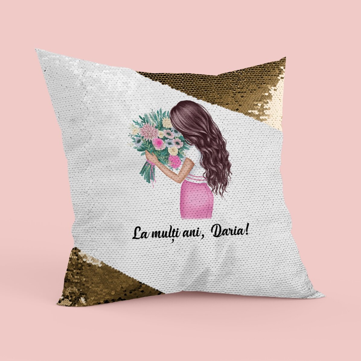 Pernă personalizată cu text - Girl with flowers - Paiete aurii